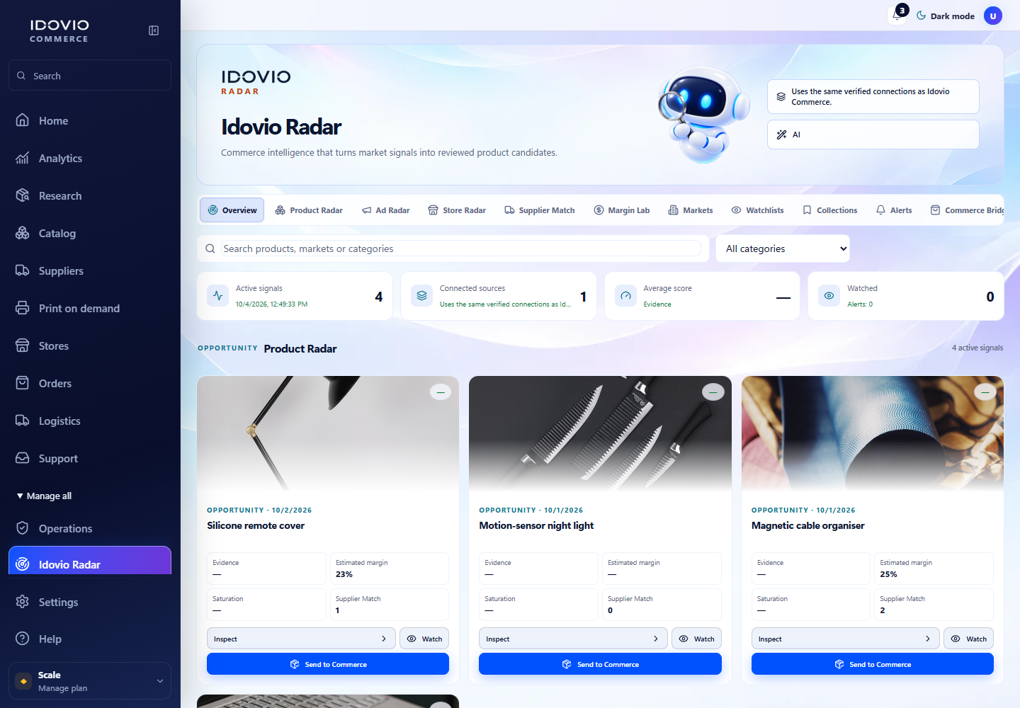 Idovio Radar product opportunity workspace in English
