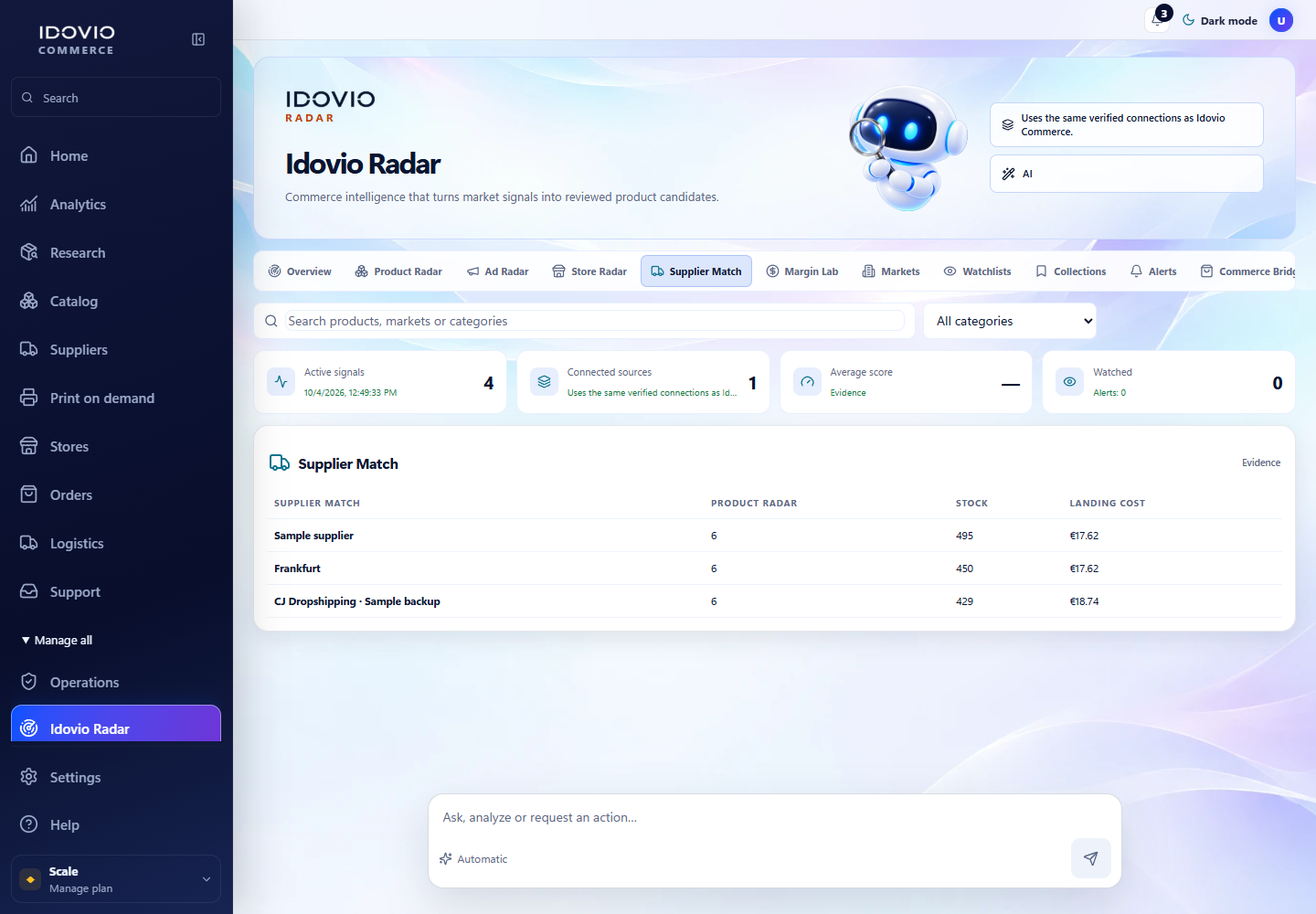 Idovio Radar supplier matching view in English