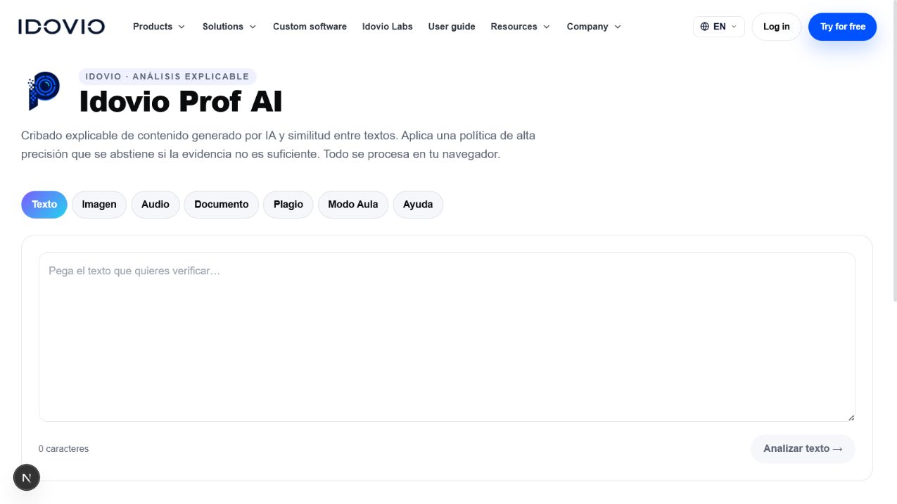 Captura real de la aplicación: Idovio Prof AI