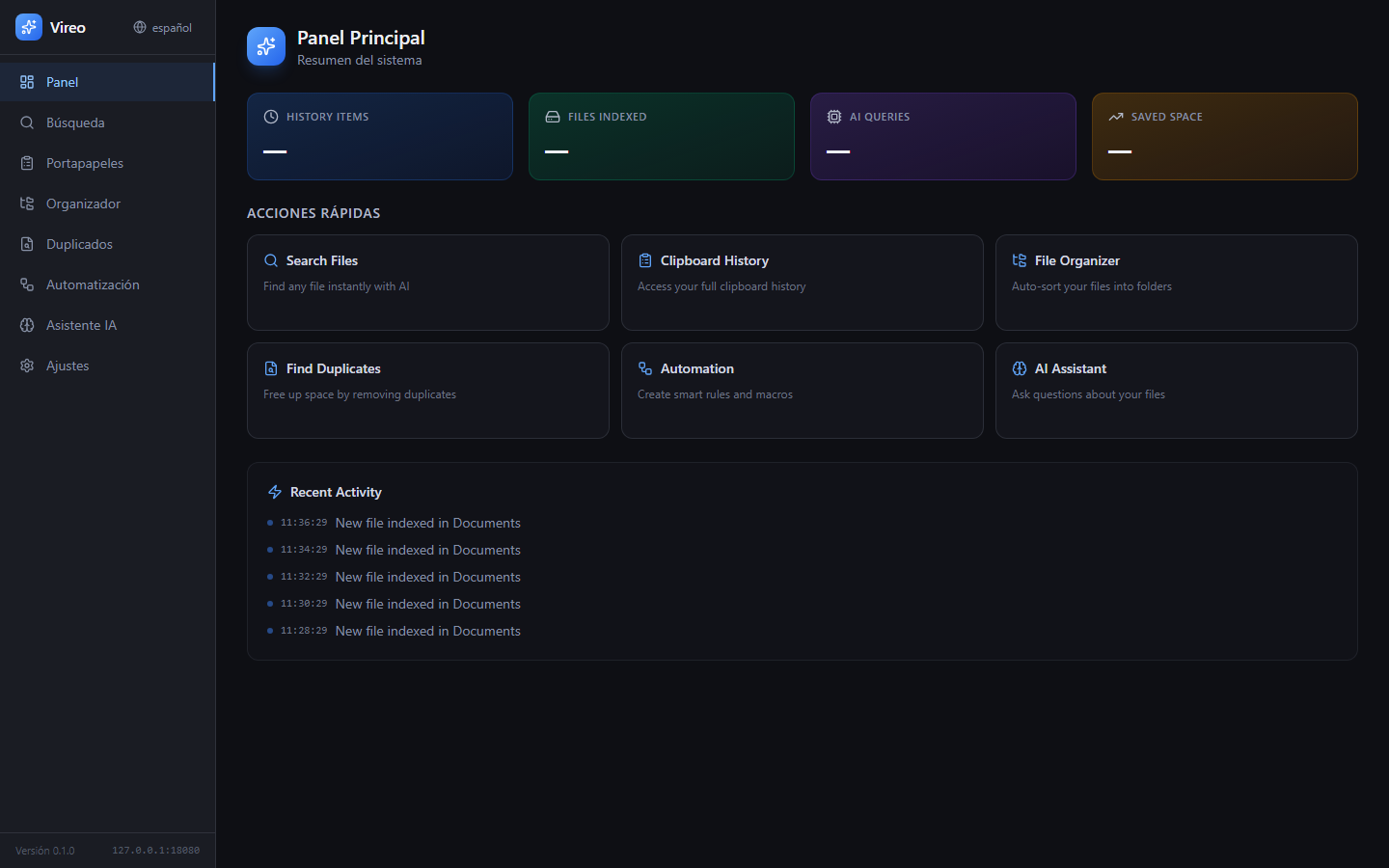 Vireo Windows desktop assistant dashboard