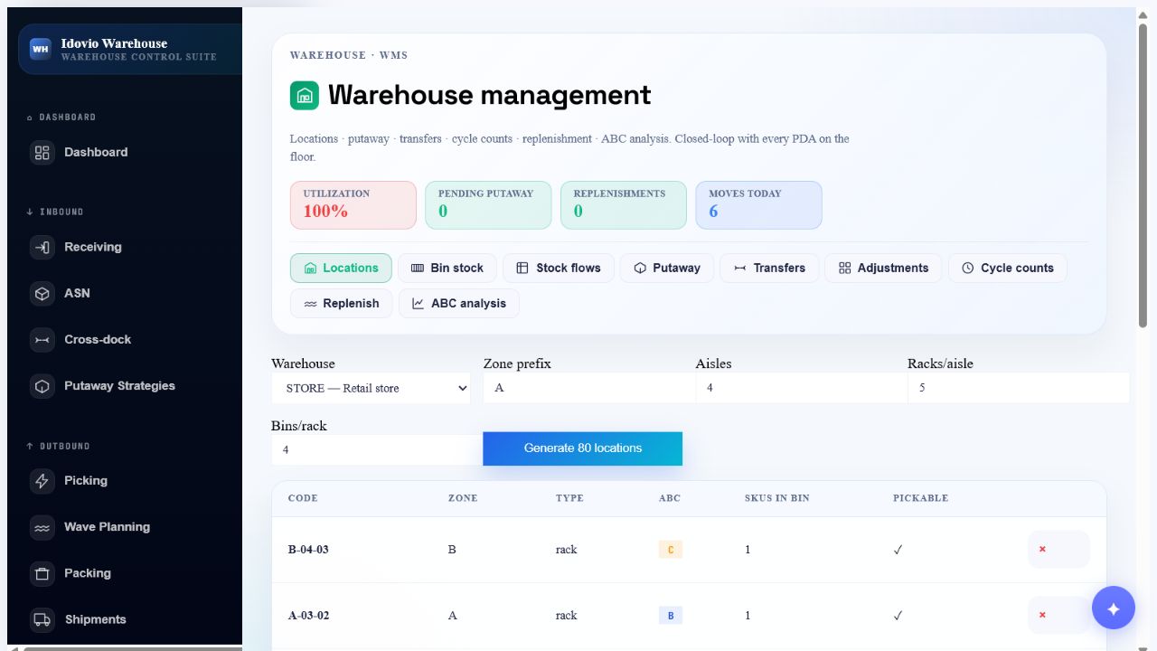 Idovio Warehouse WMS locations and replenishment interface